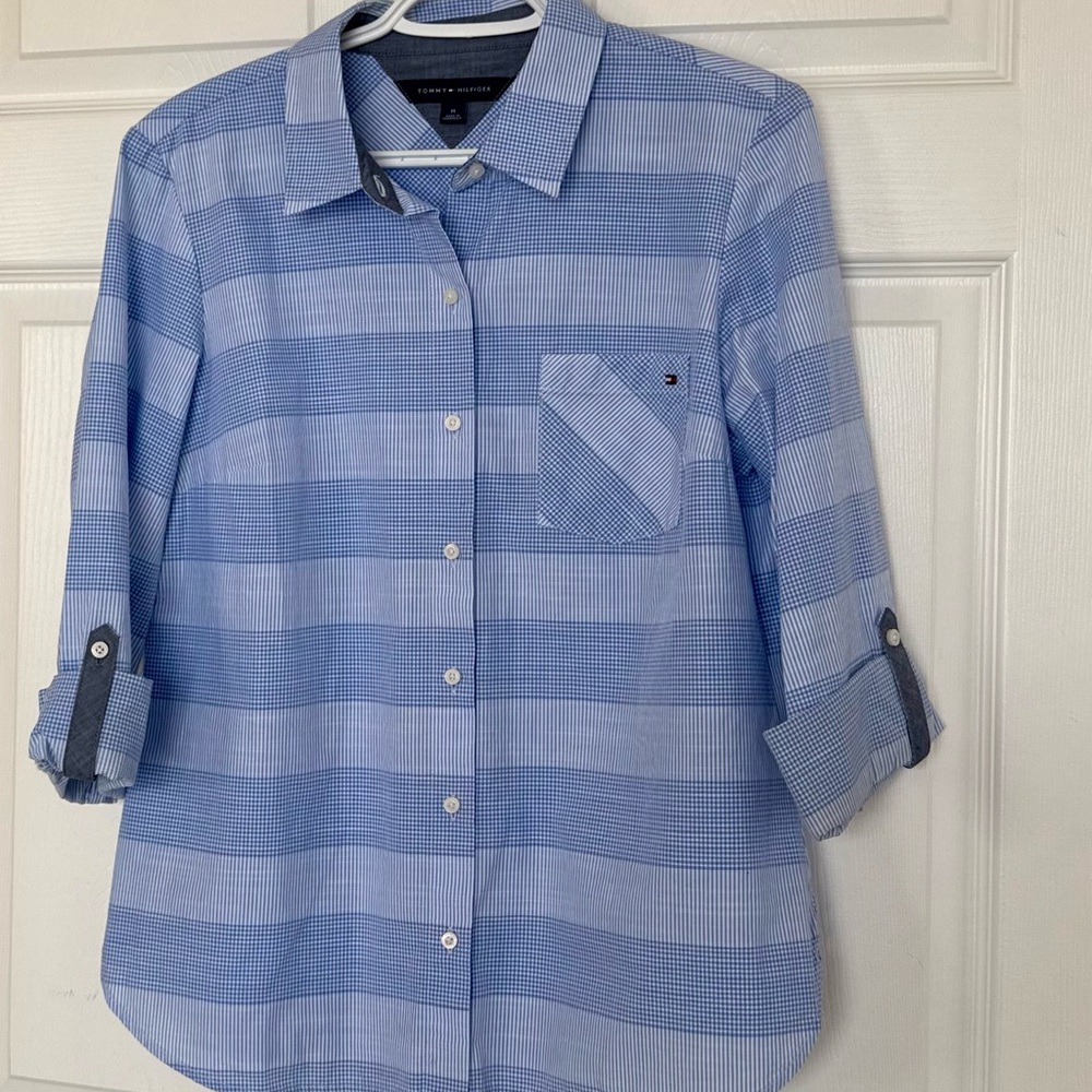 Tommy Hilfiger Shirt Blue Striped Button-Up Too Size Women’s Medium